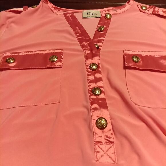 Elie Tahari Women's Medium Peachy Orange Long Sleeve 1/4 Button Blouse - Picture 2 of 7